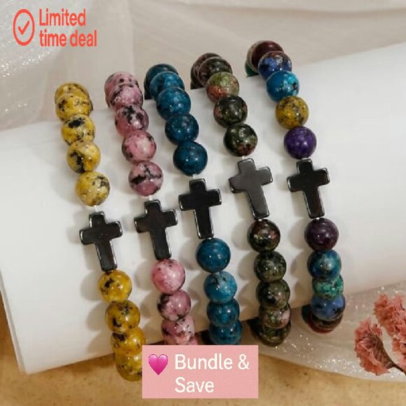 9-Piece Cross Beaded Bracelet Set with Inspirational Cards, 7-Inch Stretch Fit - Picture 4 of 8